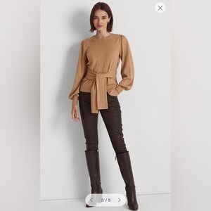 Lauren Ralph Lauren Belted Cotton Blend Tan Puff Sleeve Classy Sweater Size L